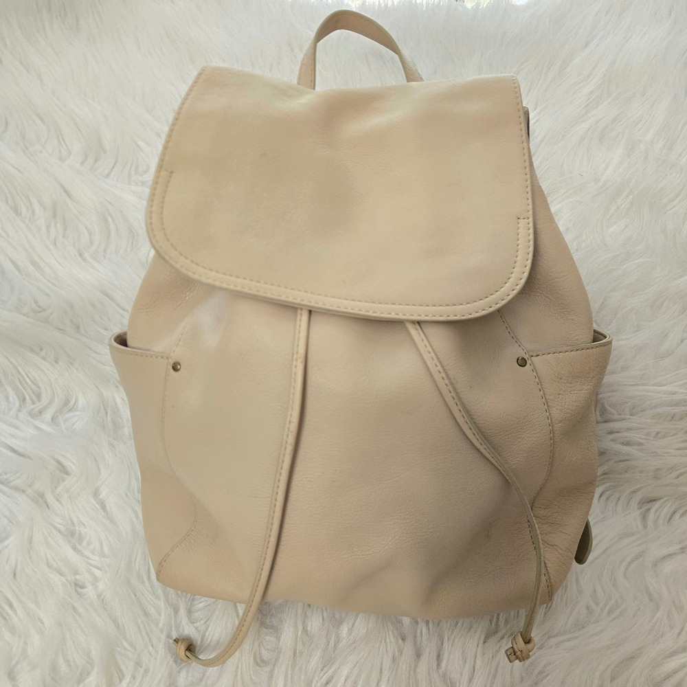 Frye Olivia Beige Leather Drawstring Backpack Flap Closure Neutral Travel Bag